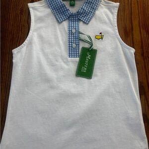 Masters Golf White Sleeveless Polo with Blue Checkered Collar